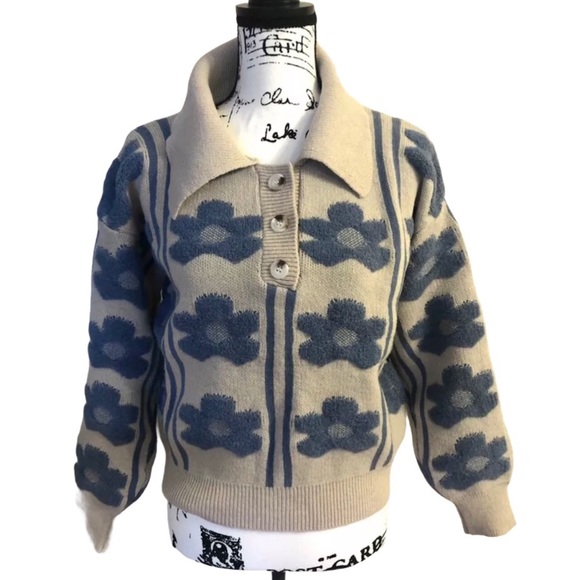 Knit sweater floral dark khaki collar womens top - Picture 4 of 10